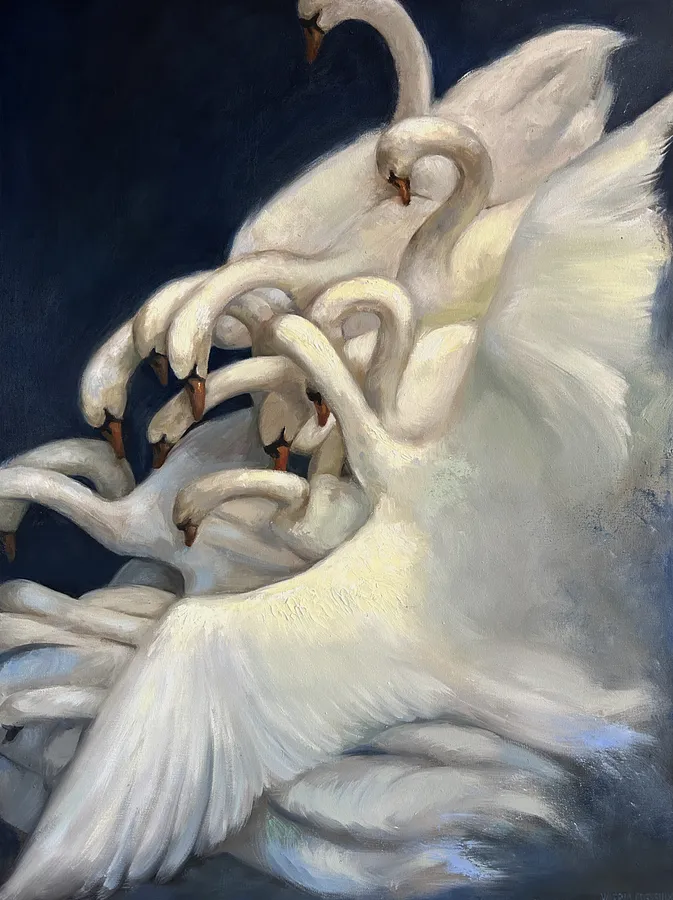 Image of Swans by Valeriia Borysiuk, size: 80 x 60 cm, made of Oil on Canvas, Painting medium, from United Kingdom